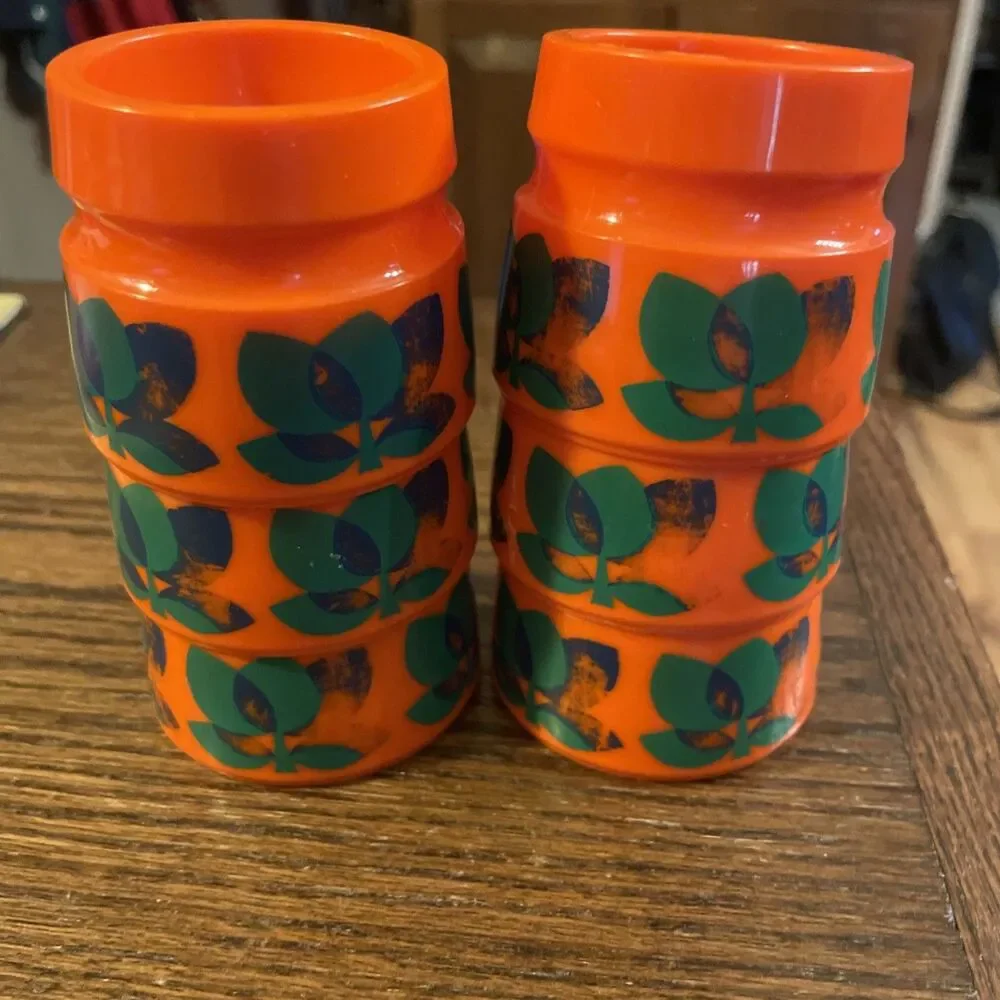 6 Vintage Plastic Egg Cups Mid Century Bright Orange Groovy Floral
